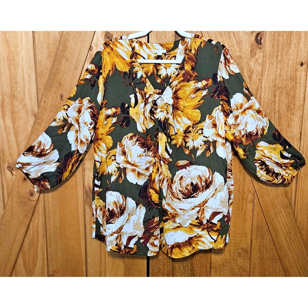 Flowy Olive Boho Tunic Top Women 18/20W Yellow Rose B O-Ring Accent Fall #801